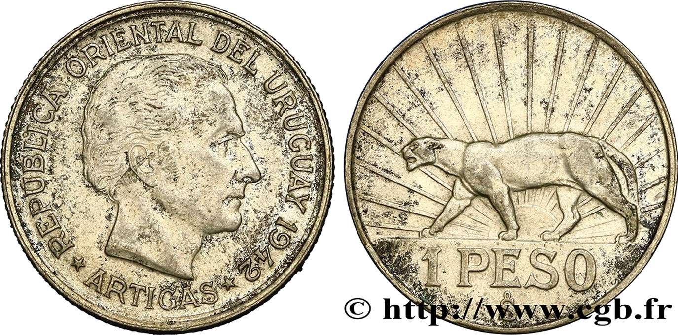 URUGUAY 1 Peso José Gervasio Artigas 1942 Santiago XF 