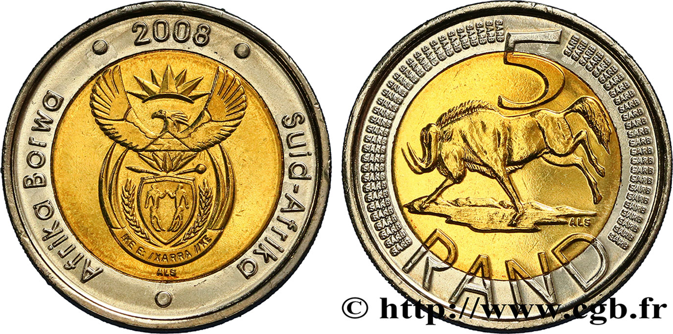 AFRIQUE DU SUD 5 Rand emblème / buffle 2008  SPL 