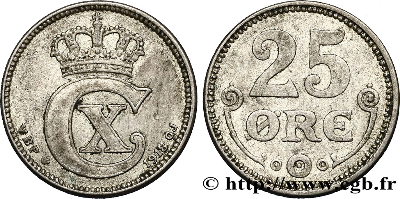 DENMARK 25 Ore monogramme de Christian X roi du Danemark 1918 Copenhague XF 