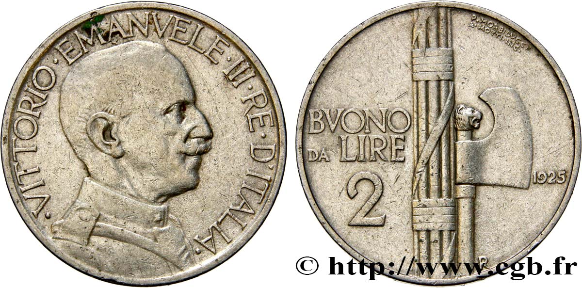 ITALIA Bon pour 2 Lire (Buono da Lire 2) Victor Emmanuel III / faisceau de licteur 1925 Rome - R MBC 