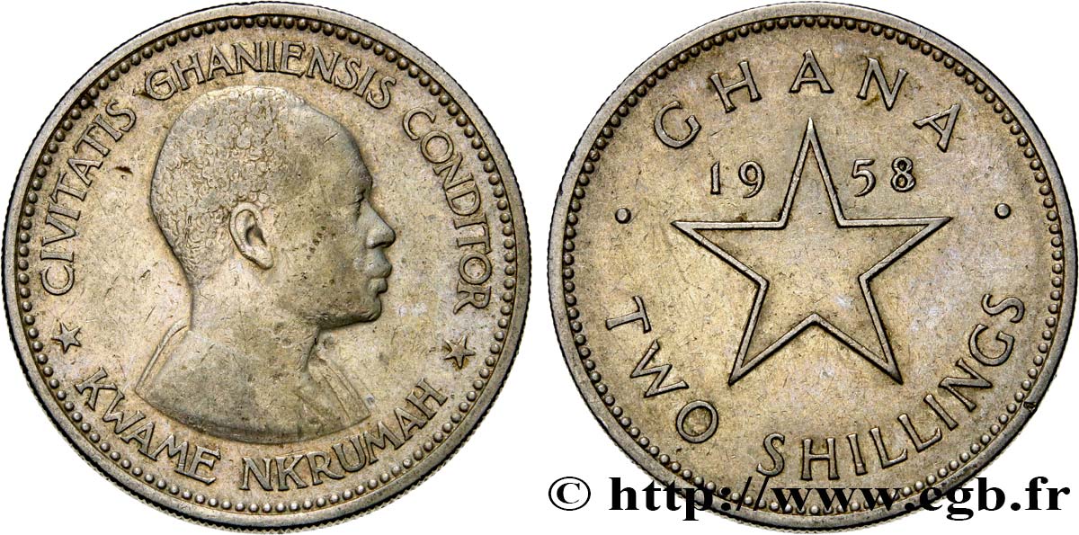 GHANA 2 Shillings Kwame Nkrumah / étoile 1958  XF 