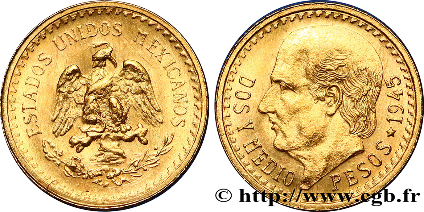 MEXIQUE 2 1/2 Pesos or Miguel Hidalgo 1945 Mexico SUP 