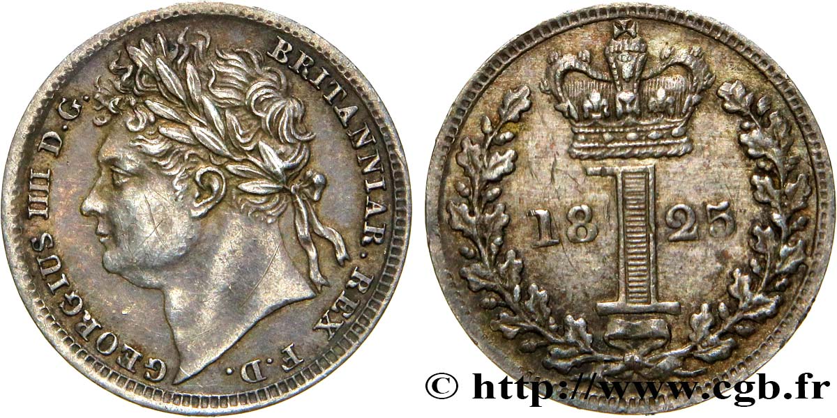 ROYAUME-UNI 1 Penny Georges IV tête laurée 1825  TTB 