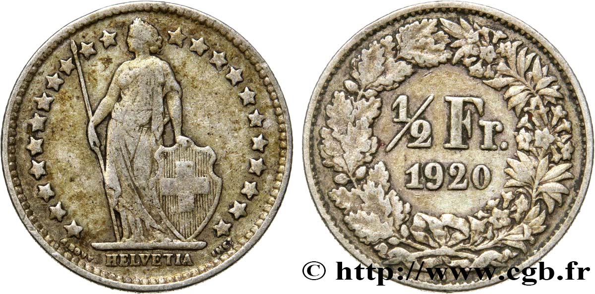 SWITZERLAND 1/2 Franc Helvetia 1920 Berne - B VF 