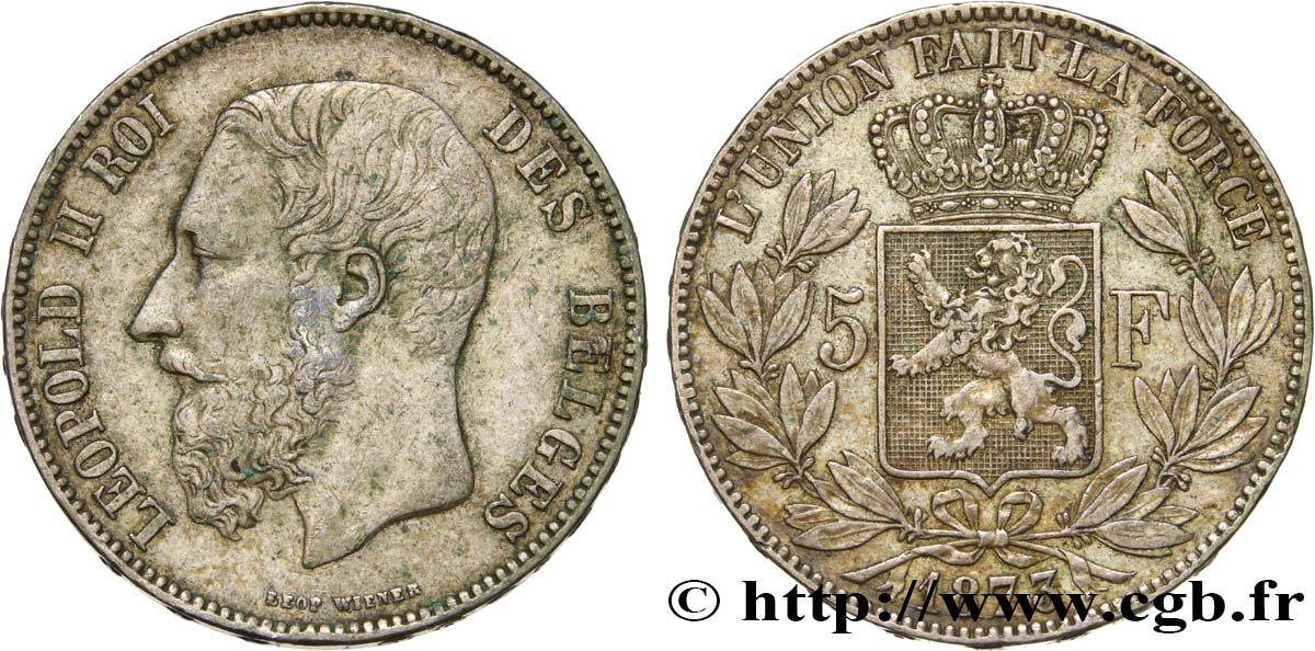 BELGIEN 5 Francs Léopold II 1873  SS/fVZ 