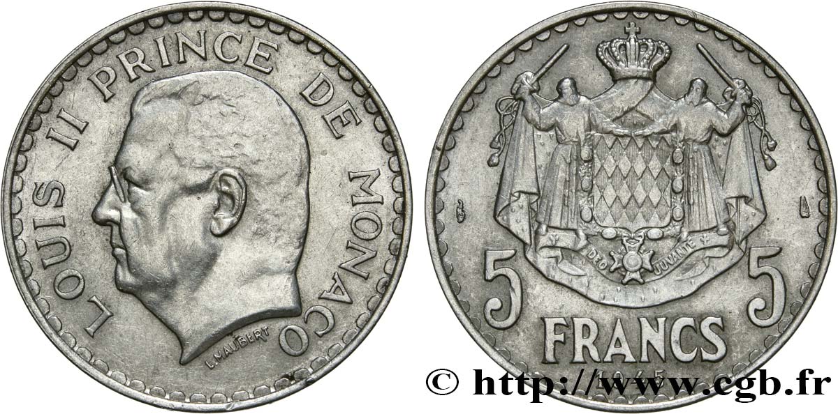 MONACO 5 Francs Louis II 1945 Paris AU 