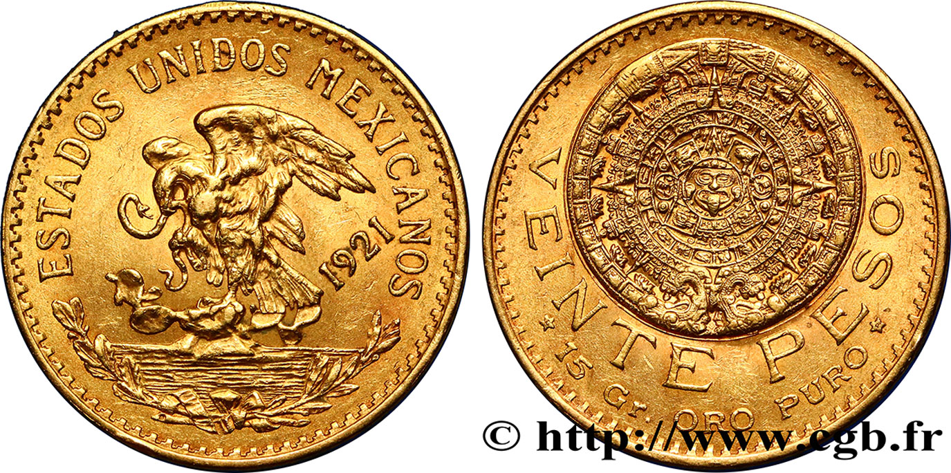 MÉXICO 20 Pesos or “Pierre du Soleil” (calendrier aztèque) 1921 Mexico MBC+ 