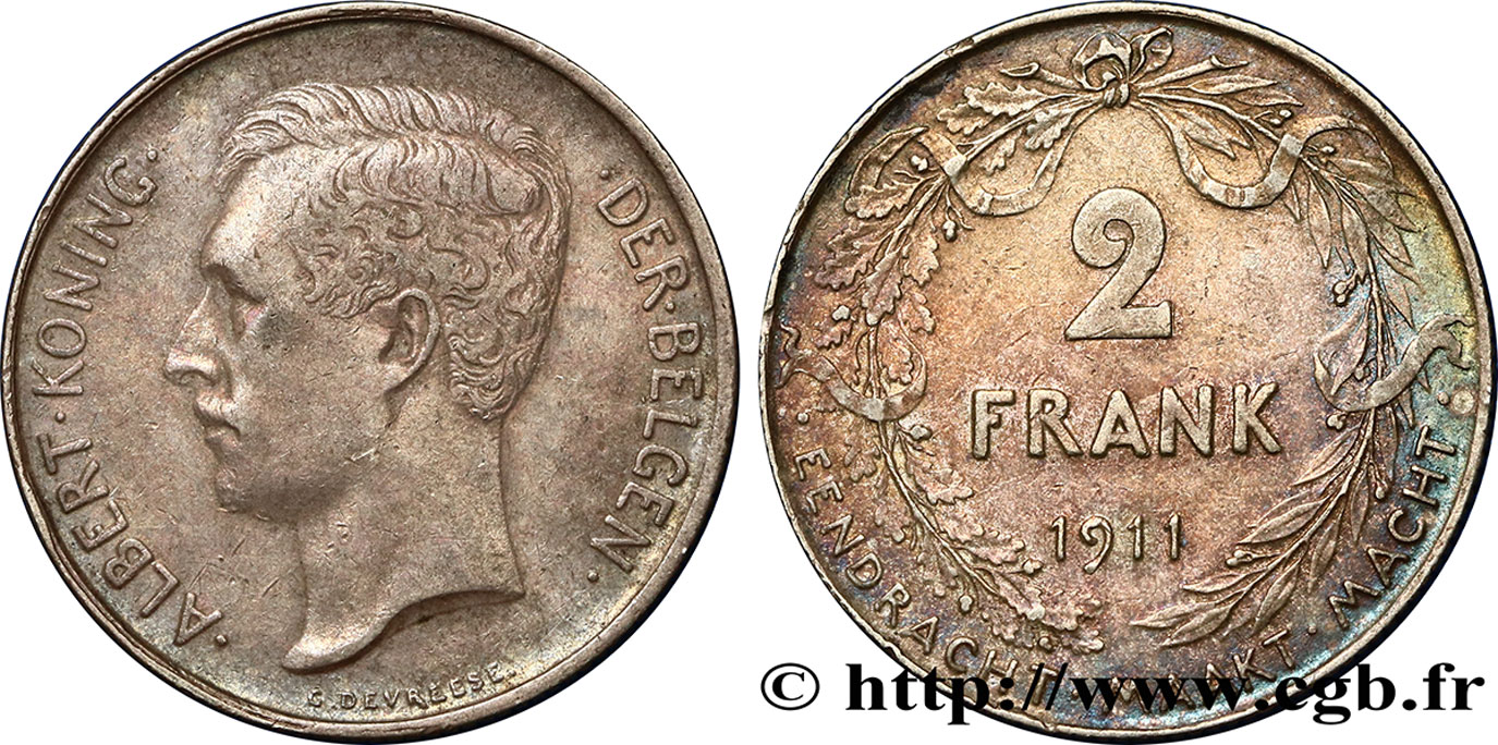 BELGIUM 2 Francs Albert Ier légende flamande 1911  XF 