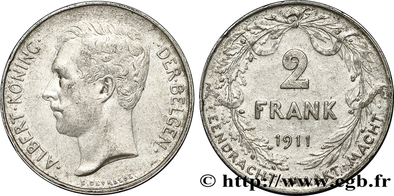 BELGIUM 2 Francs Albert Ier légende flamande 1911  AU 