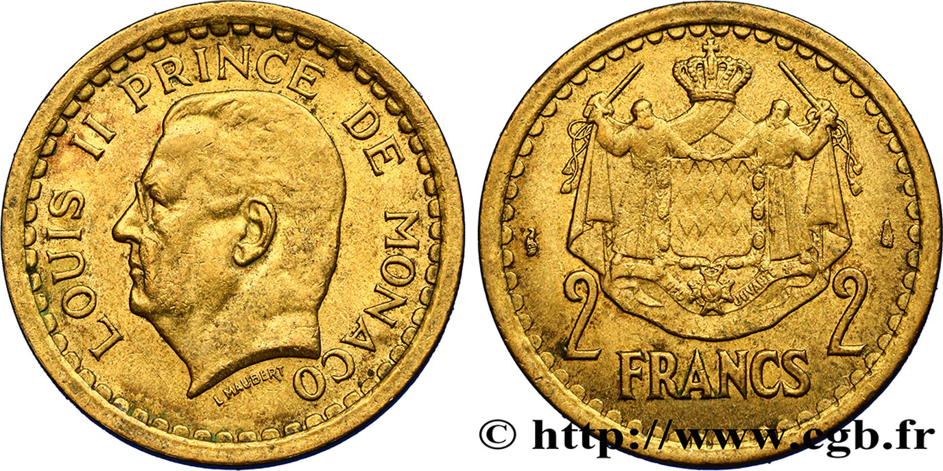 MONACO 2 Francs Louis II (1943) Paris VZ 