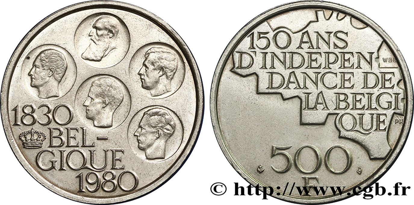 BÉLGICA 500 Francs légende française 150e anniversaire de l’indépendance, portrait des 5 rois / carte de Belgique 1980 Bruxelles EBC 