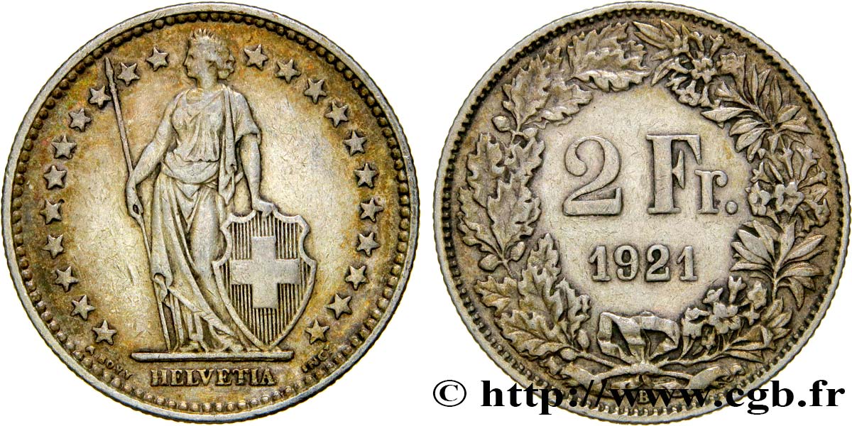 SWITZERLAND 2 Francs Helvetia 1921 Berne XF 