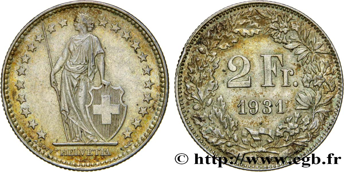 SWITZERLAND 2 Francs Helvetia 1931 Berne - B AU 