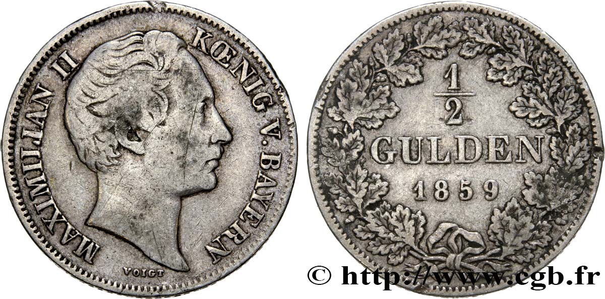 ALEMANIA - BAVIERA 1/2 Gulden Maximilien II 1859 Munich BC+ 