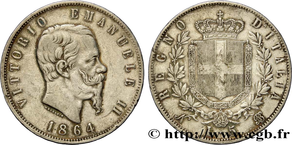 ITALY 5 Lire Victor Emmanuel II 1864 Naples VF 