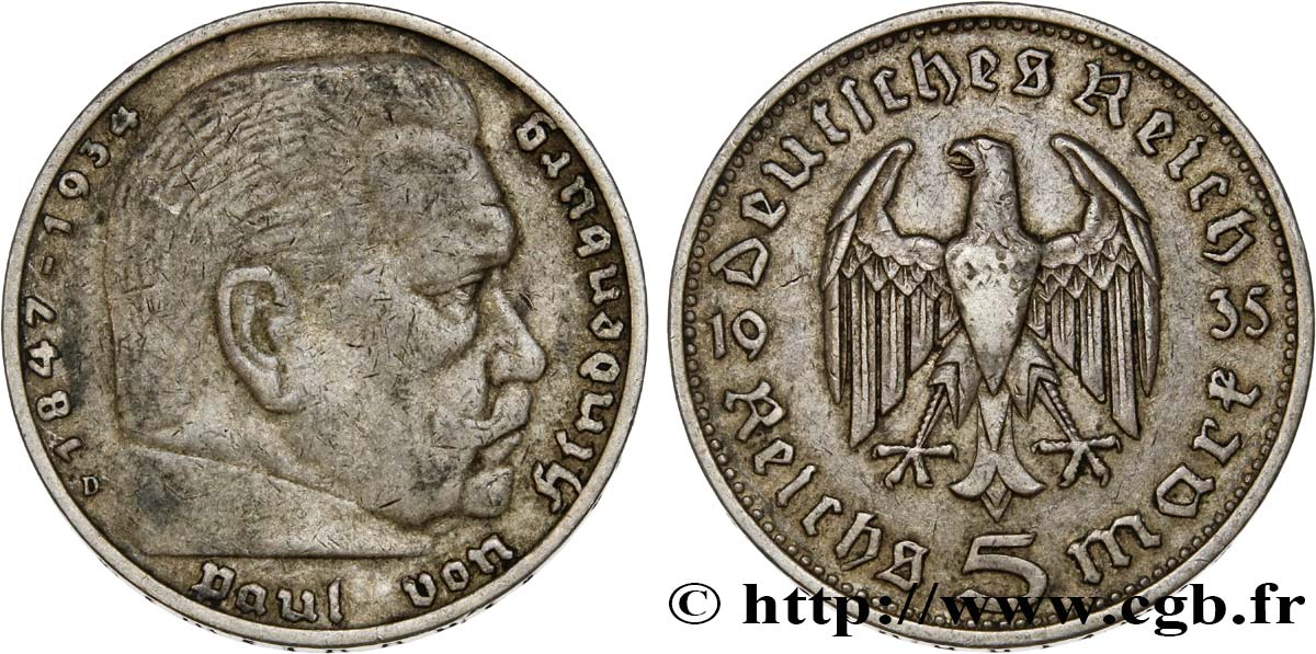 GERMANY 5 Reichsmark Aigle / Maréchal Paul von Hindenburg 1935 Munich XF 