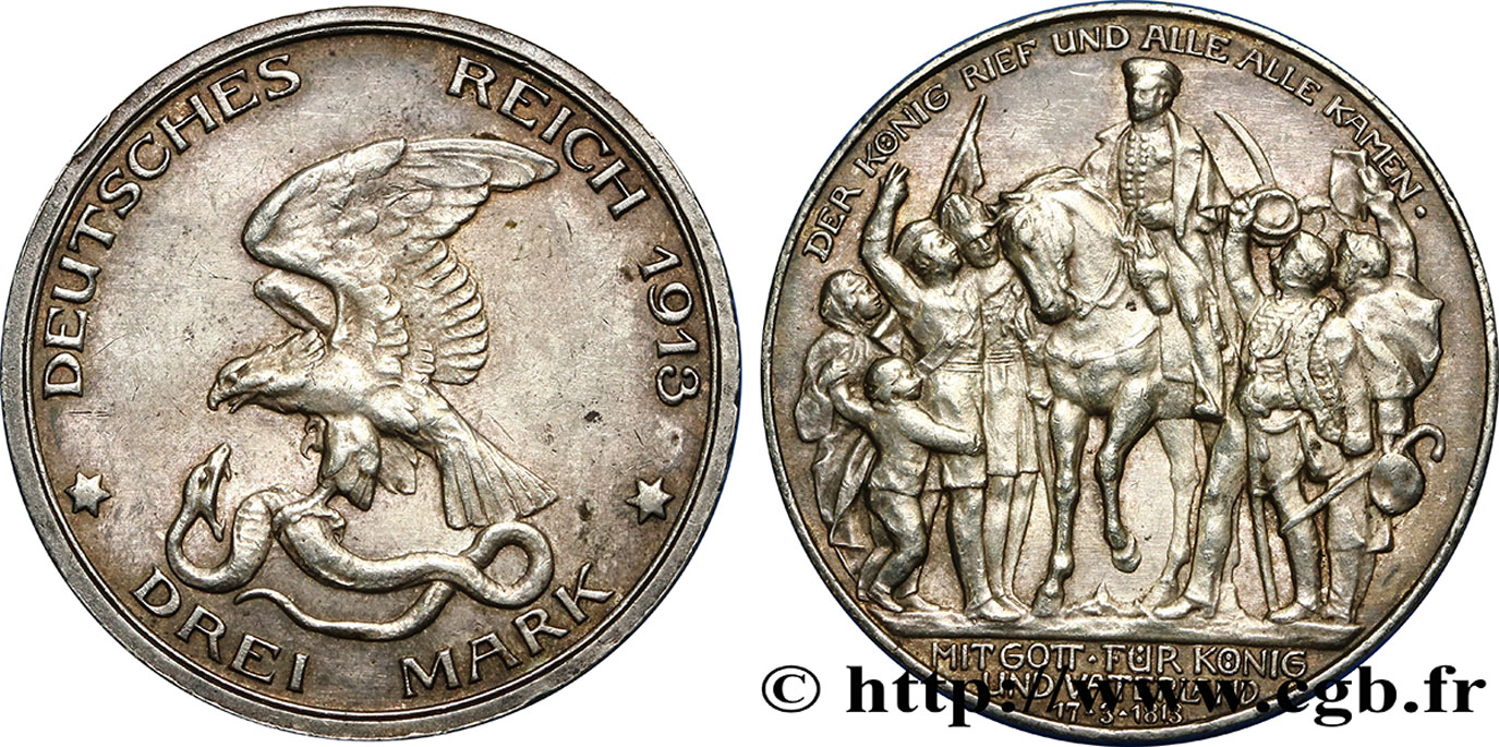 GERMANY - PRUSSIA 3 Mark 100e anniversaire défaite de Napoléon 1913 Berlin AU 