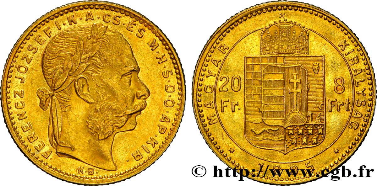 HONGRIE 20 Francs or ou 8 Forint François-Joseph Ier 1885 Kremnitz SPL 