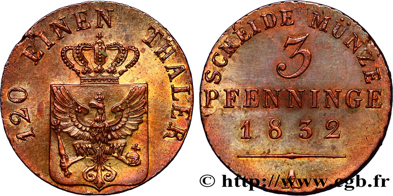 GERMANY - KINGDOM OF PRUSSIA - FREDERICK-WILLIAM III 3 Pfenninge 1832 Berlin MS 