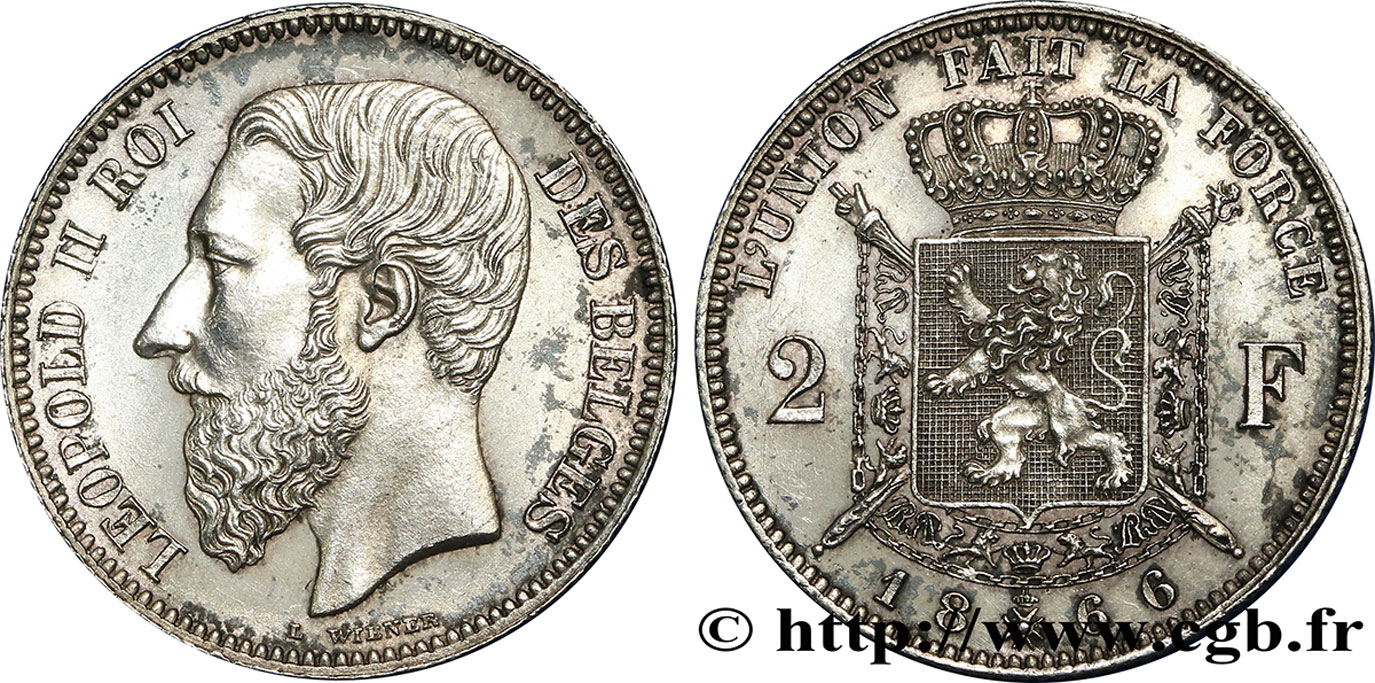 BELGIQUE - ROYAUME DE BELGIQUE - LÉOPOLD II 2 Francs légende française 1866  SPL 