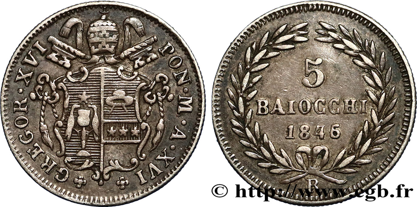 VATICAN - GRÉGOIRE XVI 5 Baiocchi an XVI 1846 Rome TTB 