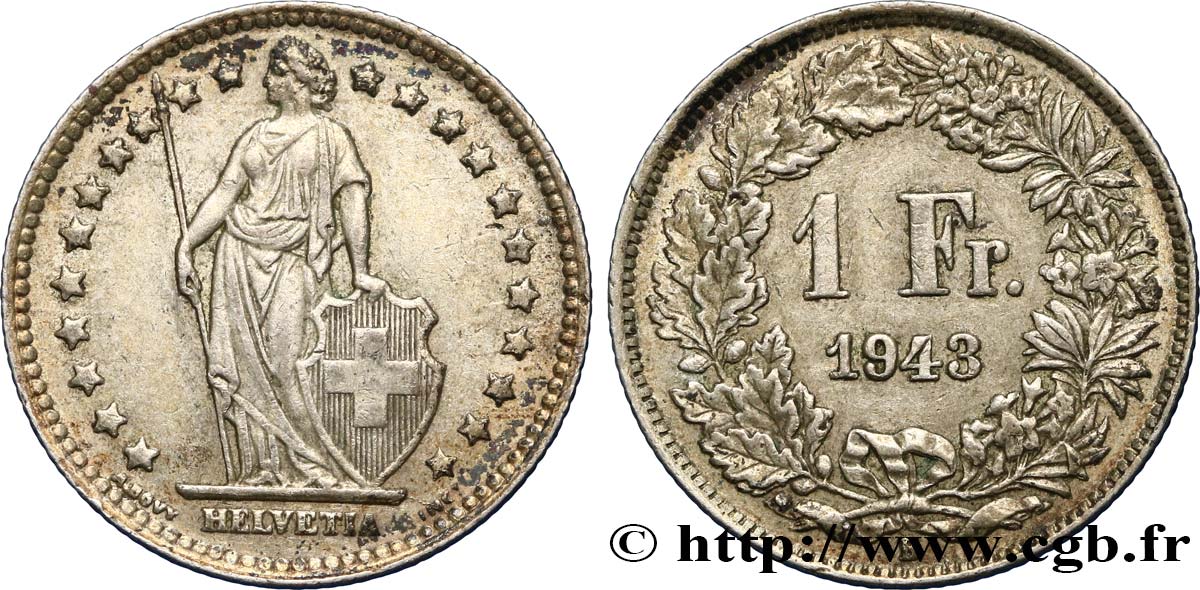 SUISSE 1 Franc Helvetia 1943 Berne TTB+ 