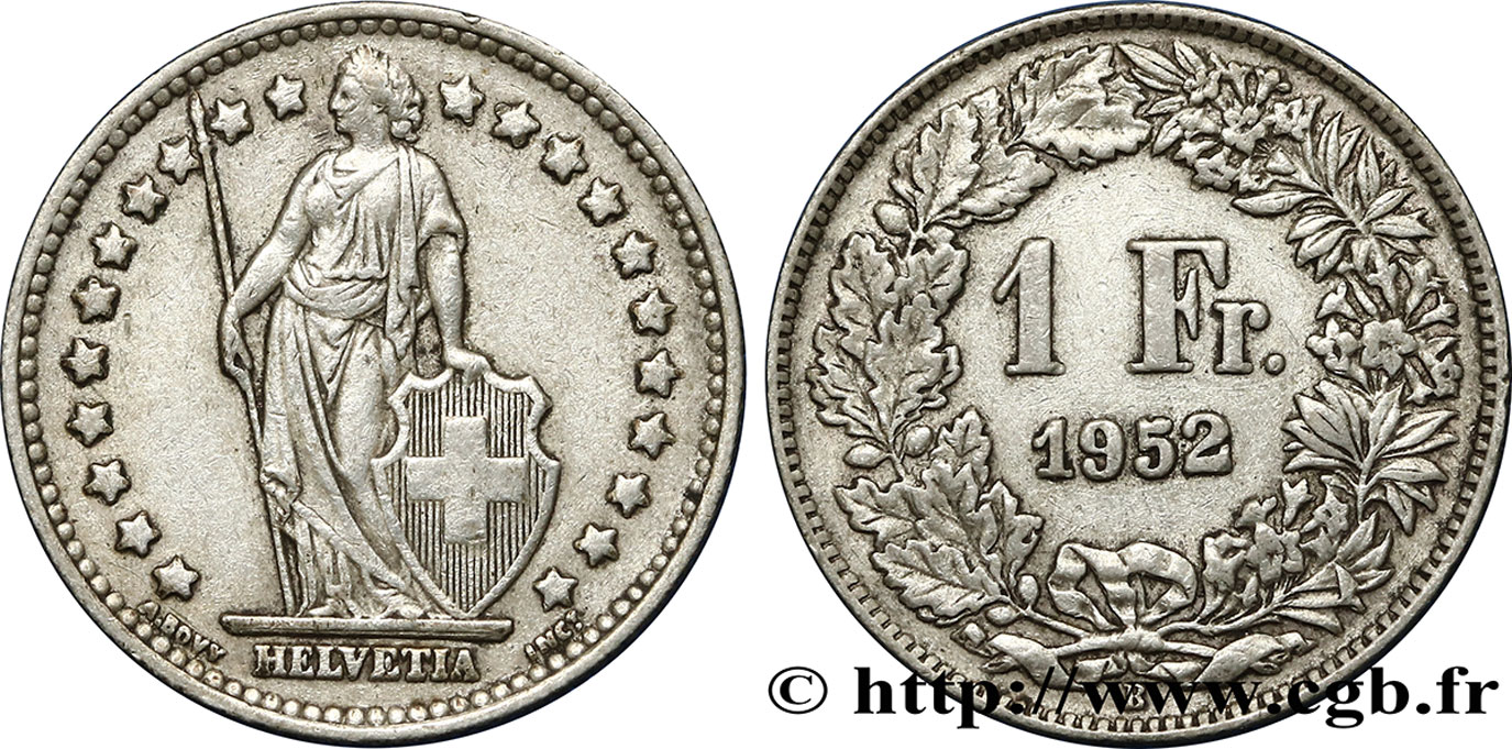 SWITZERLAND 1 Franc Helvetia 1952 Berne - B XF 