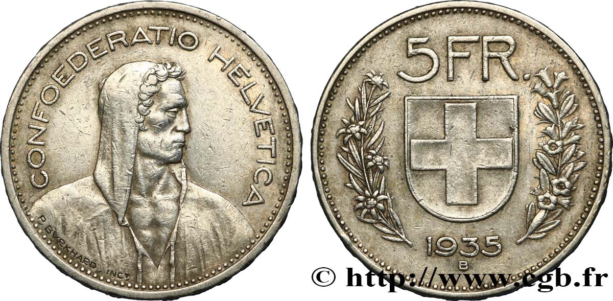 SVIZZERA  5 Francs Berger des Alpes 1935 Berne BB 
