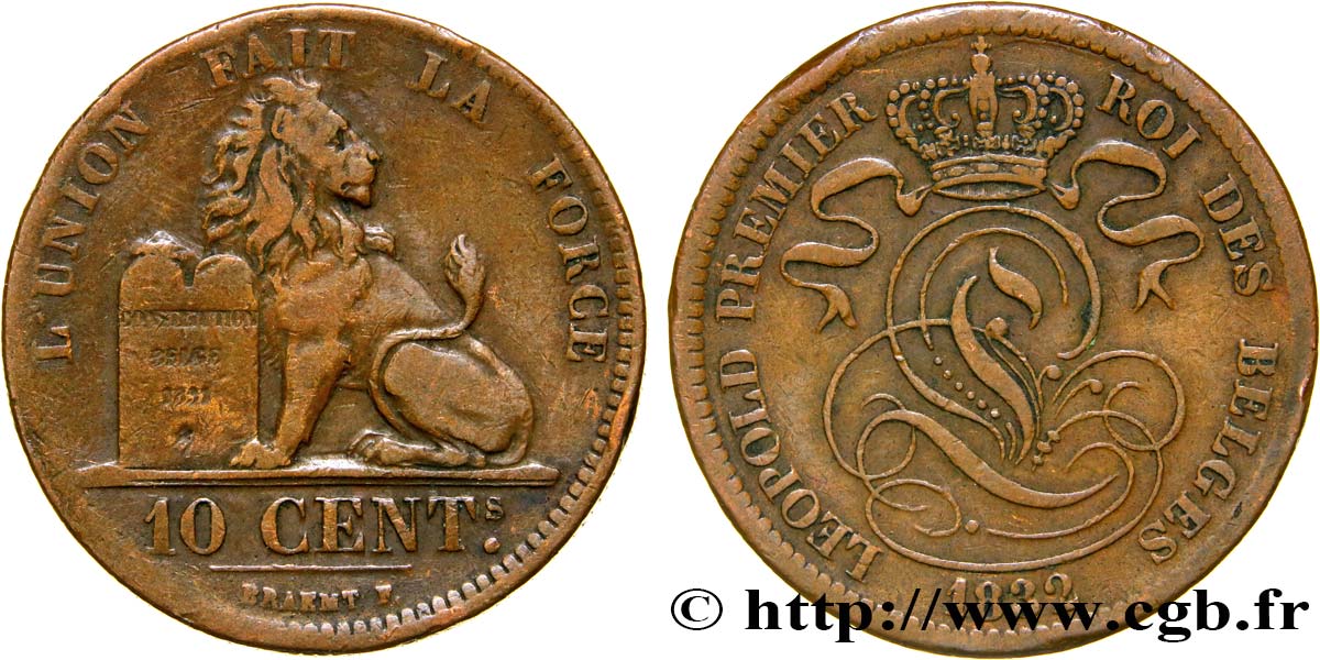BELGIQUE 10 Centimes monogramme de Léopold Ier / lion 1832  TTB 