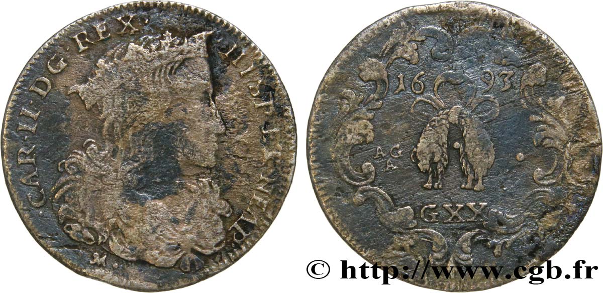 ITALIE - ROYAUME DE NAPLES 1 Tari Charles II 1693  B+ 
