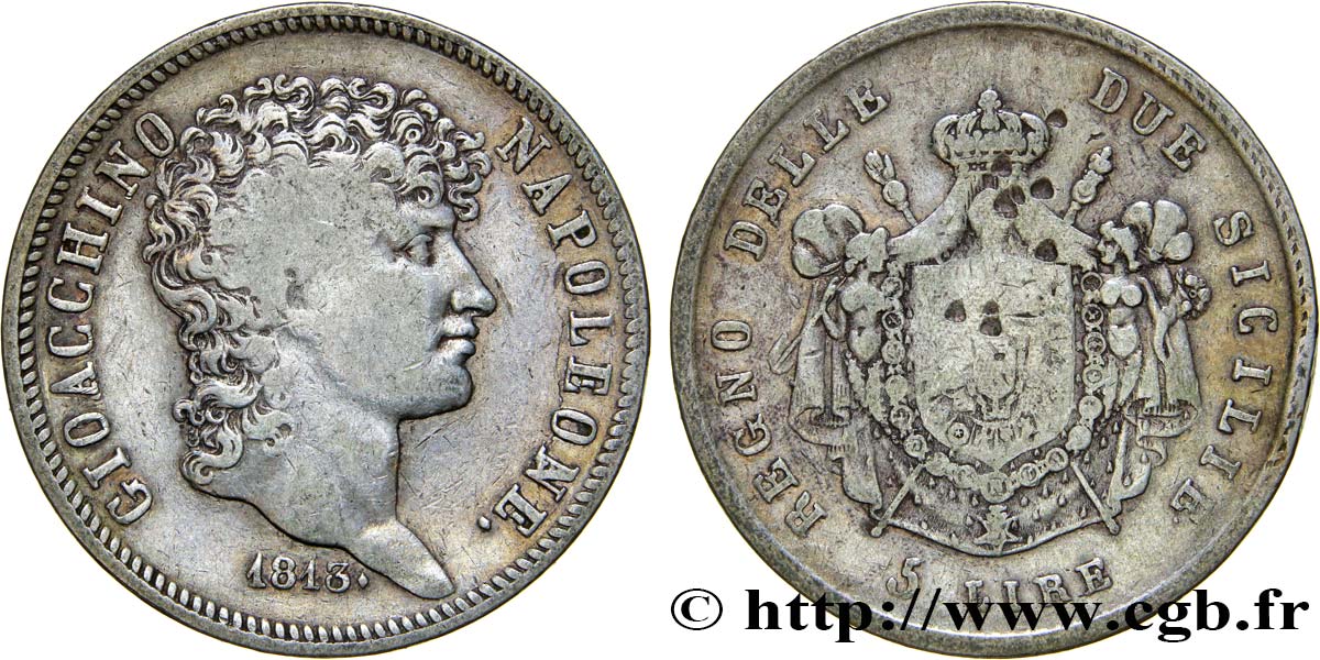 ITALY - KINGDOM OF NAPLES 5 Lire Jochim Murat (Gioacchino Napoleone) 1813 Naples VF/VF 