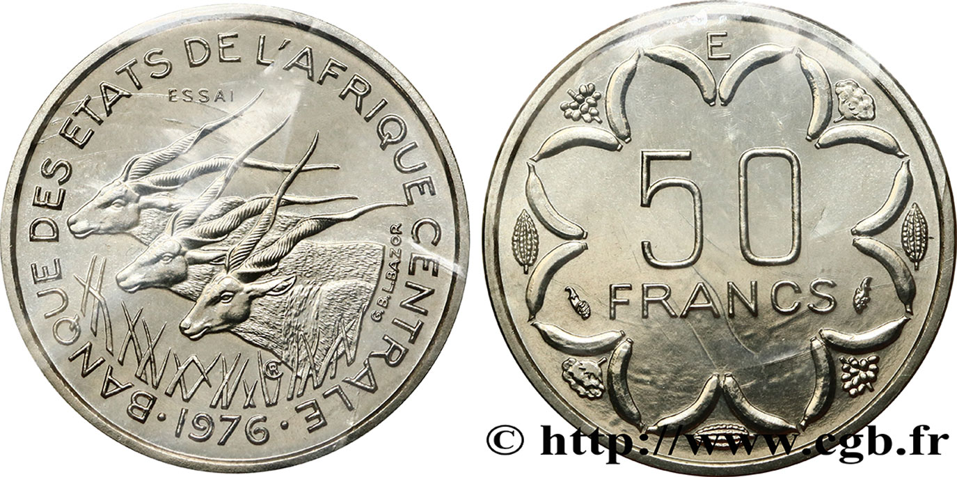 ZENTRALAFRIKANISCHE LÄNDER Essai de 50 Francs antilopes lettre ‘E’ Cameroun 1976 Paris ST 
