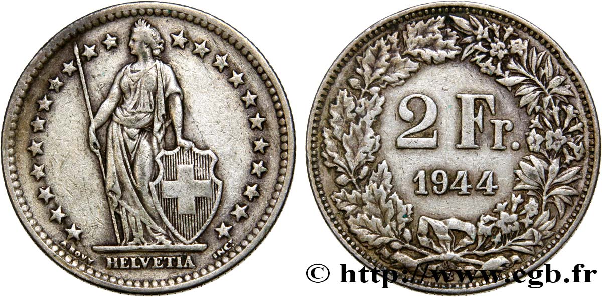 SCHWEIZ 2 Francs Helvetia 1944 Berne fVZ 