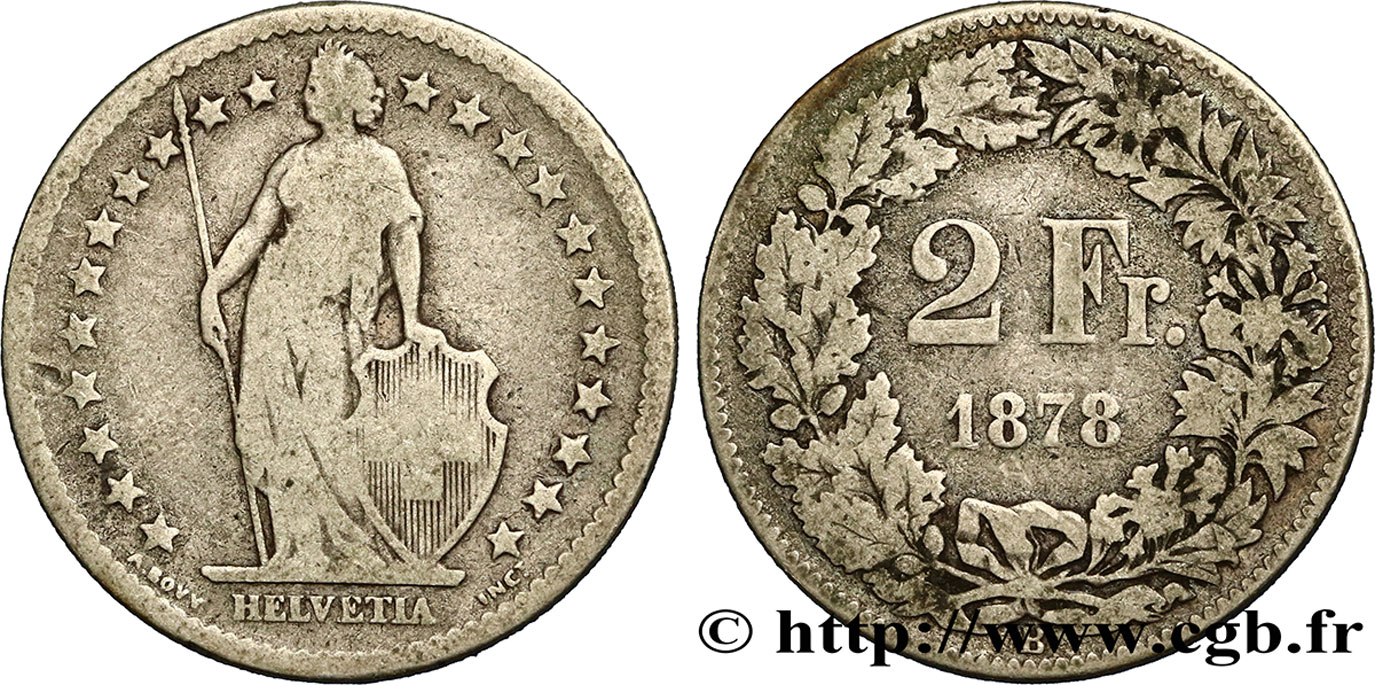 SUISSE 2 Francs Helvetia 1878 Berne TB 