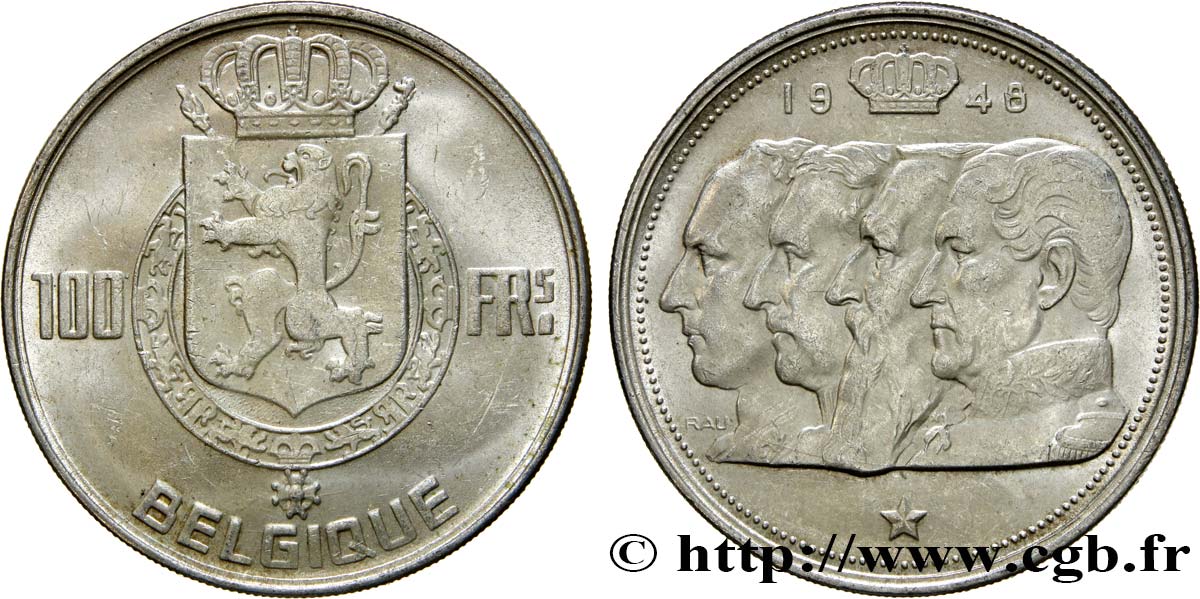 BELGIEN 100 Francs bustes des quatre rois de Belgique, légende française 1948  VZ 