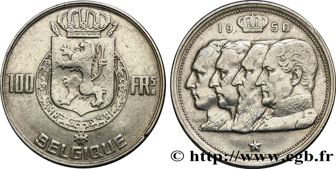 BELGIQUE 100 Francs armes au lion / portraits des quatre rois de Belgique, légende française 1950  TTB 