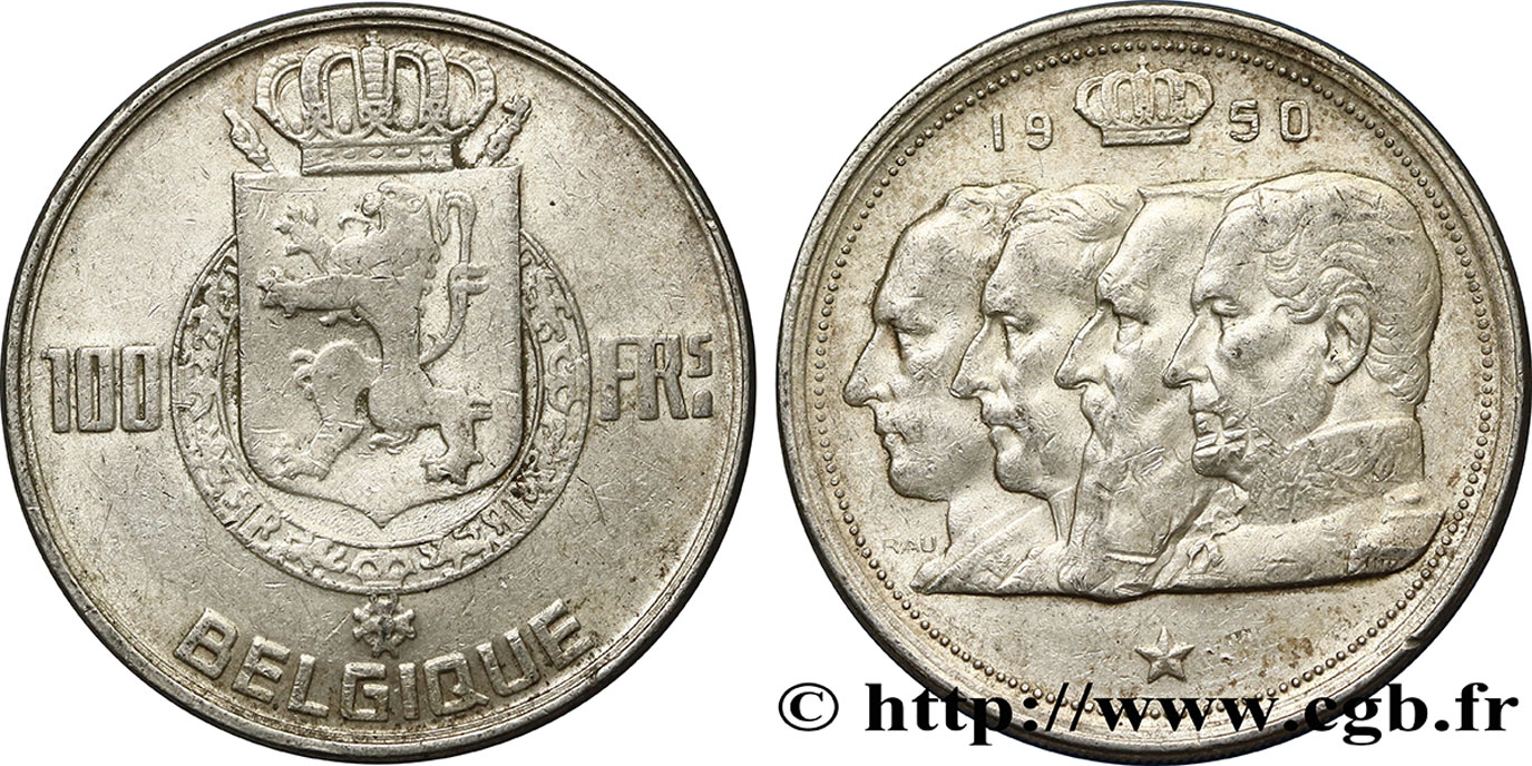 BELGIUM 100 Francs armes au lion / portraits des quatre rois de Belgique, légende française 1950  AU 