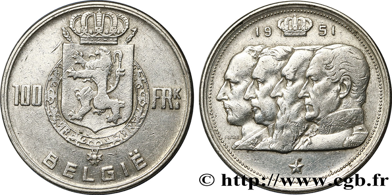 BELGIUM 100 Francs Quatre rois de Belgique, légende flamande 1951  XF 