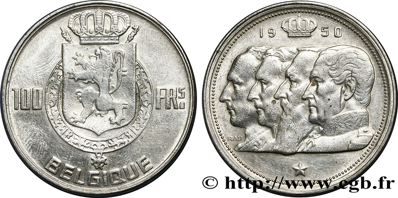 BELGIQUE 100 Francs armes au lion / portraits des quatre rois de Belgique, légende française 1950  TTB 
