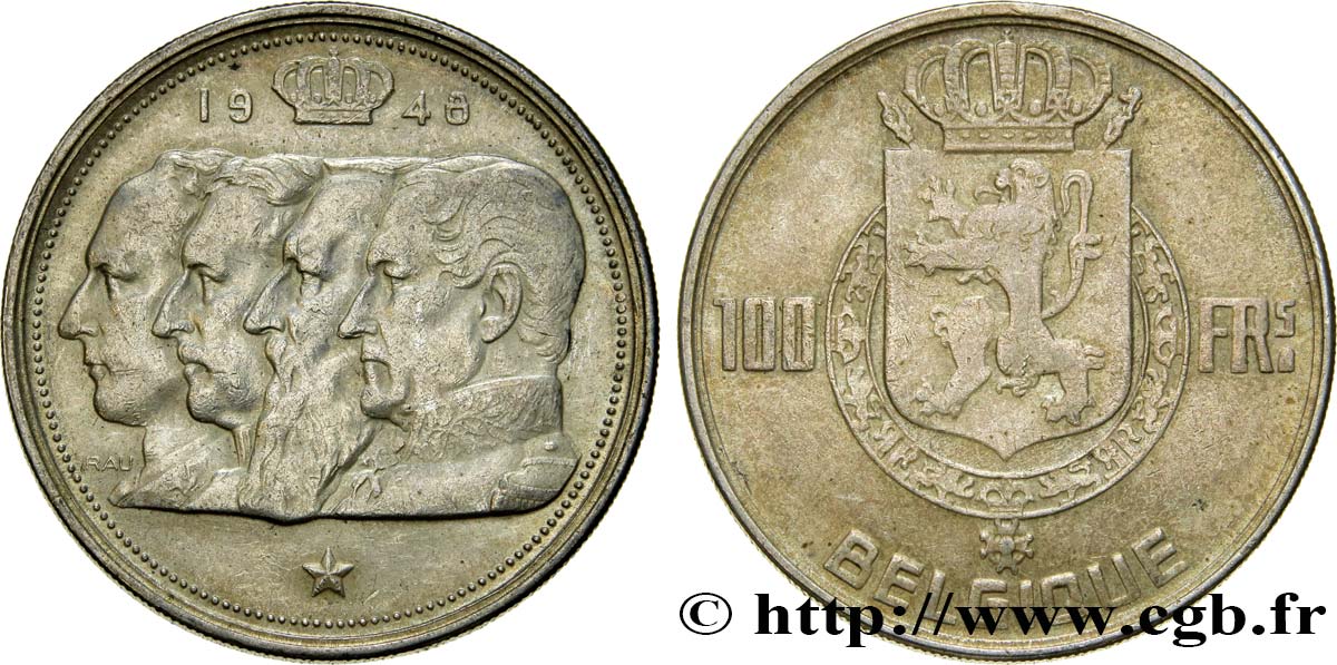 BÉLGICA 100 Francs bustes des quatre rois de Belgique, légende française 1948  MBC+ 