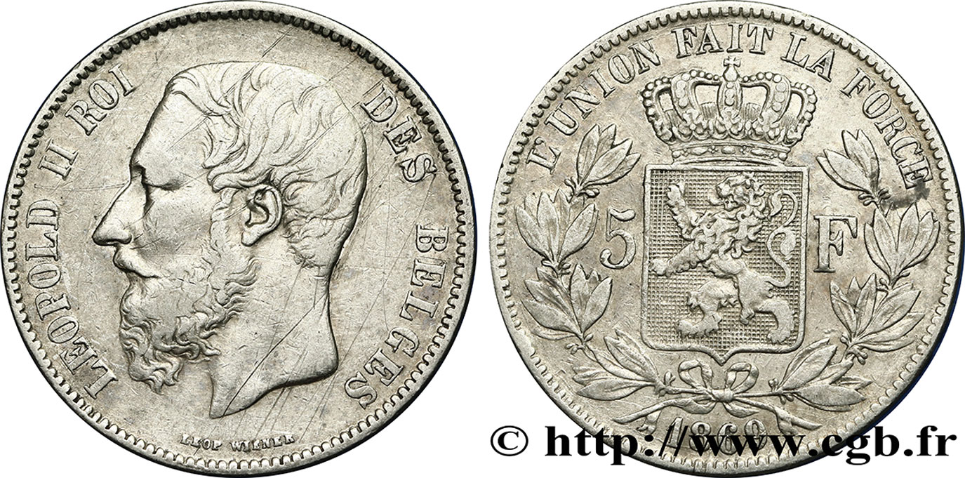 BELGIUM 5 Francs Léopold II 1869  VF/XF 