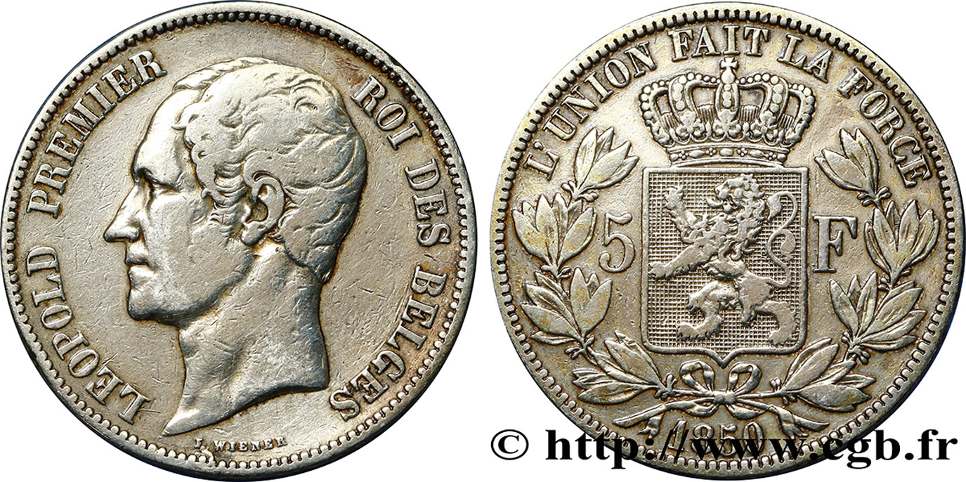 BELGIQUE 5 Francs Léopold Ier 1850  TB+ 