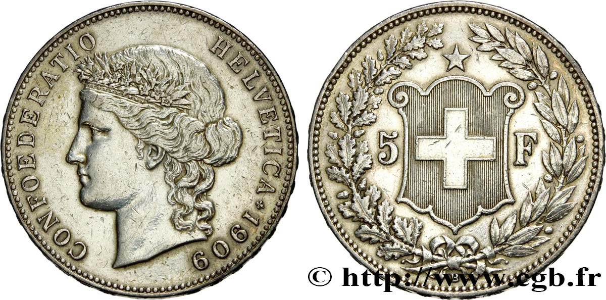 SWITZERLAND 5 Francs Helvetia buste 1909 Berne XF 