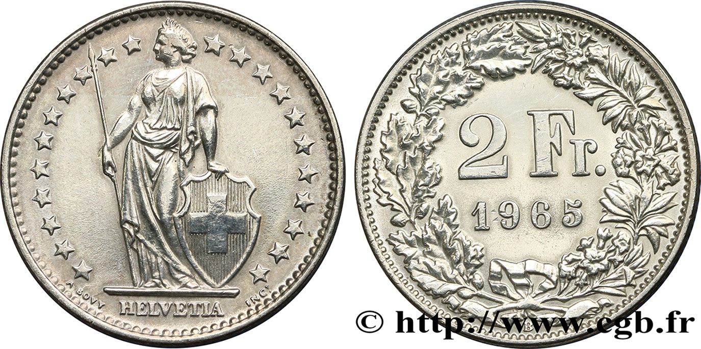 SCHWEIZ 2 Francs Helvetia 1965 Berne VZ 
