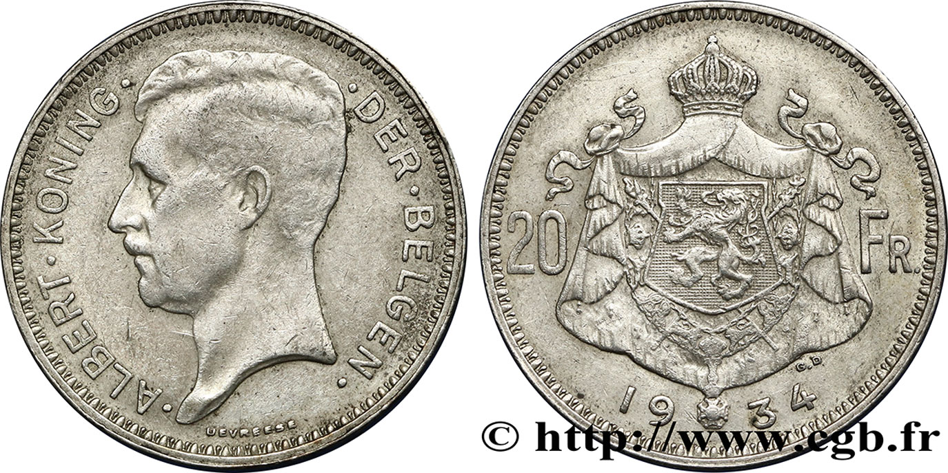BELGIQUE 20 Francs Albert Ier légende Flamande position A 1934  TTB 