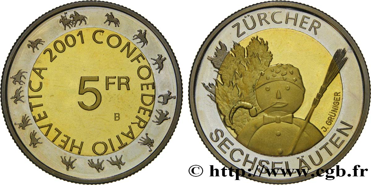 SCHWEIZ 5 Francs Proof Zürcher Sechselaüten 2001 Berne ST 