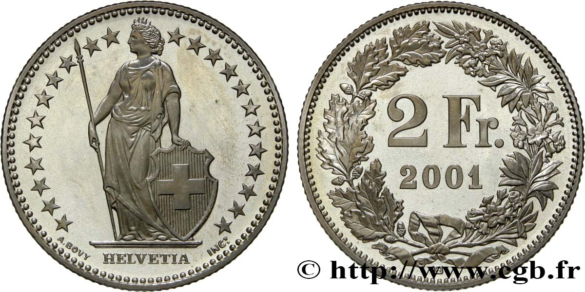 SWITZERLAND 2 Francs Proof Helvetia 2001 Berne - B MS 