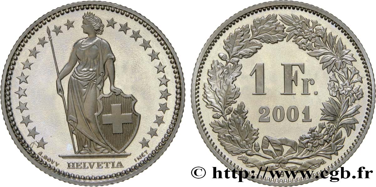 SWITZERLAND 1 Franc Proof Helvetia 2001 Berne - B MS 