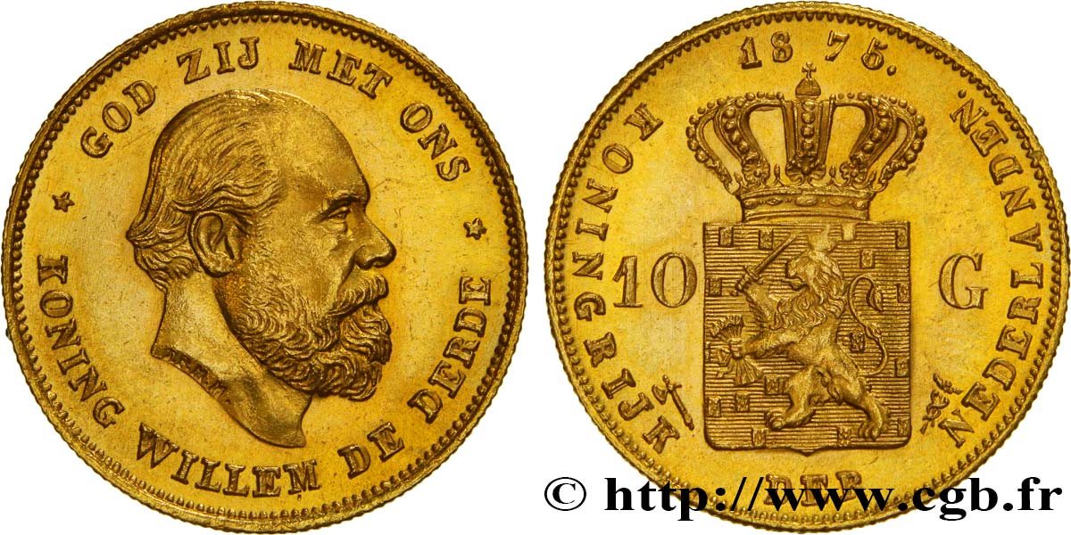 PAESI BASSI 10 Gulden Guillaume III, 1e type 1875 Utrecht MS 