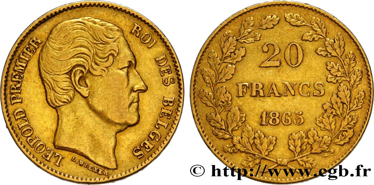 BÉLGICA 20 Francs Léopold Ier 1865 Bruxelles MBC 